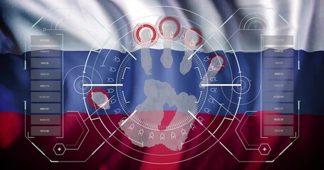 Showing biometric handprint scanning HUD in graphic art, with Russian flag and red rings
