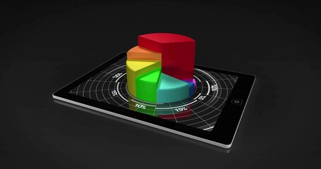 Displaying black tablet showing 3D multicolor pie chart in studio, with radar grid © vectorfusionart