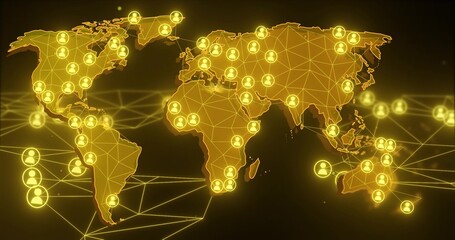 Naklejka premium Glowing stylized world map showing network on dark backdrop, with triangular mesh and haloed icons