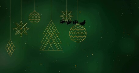 Displaying gold hanging ornaments and black sleigh with four reindeer on deep green gradient © vectorfusionart