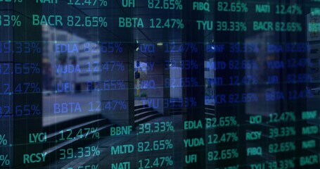 Naklejka premium Showing translucent stock ticker overlay across glass entrance, with teal symbols reflecting street