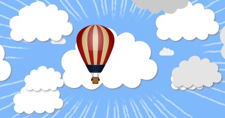 Obraz premium Floating red-and-cream hot air balloon drifting in bright blue sky, with layered cloud cutouts