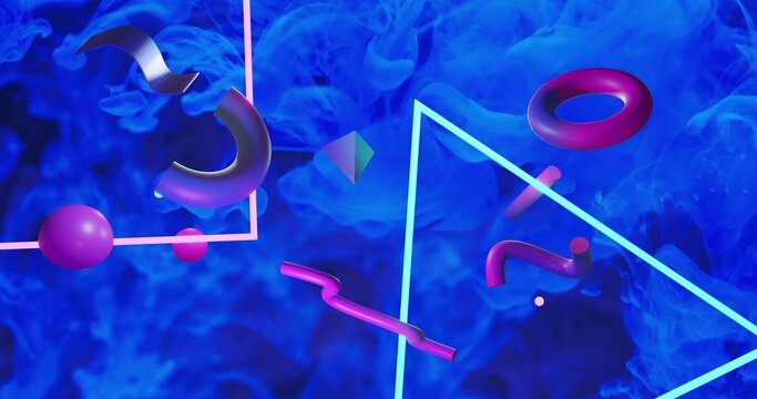 Floating 3D forms rotating in digital studio, with magenta ring, purple orbs, prism, neon triangle