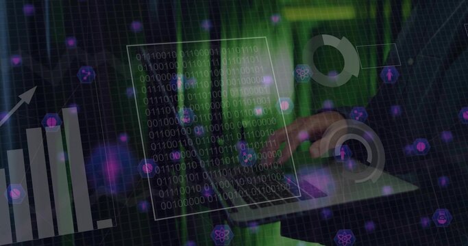 Typing mature Korean hands in dark longsleeve at green server racks, laptop keyboard, binary HUD