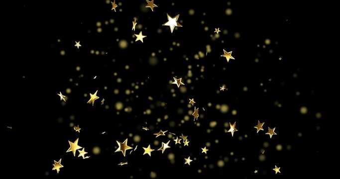 Glittering five-pointed gold stars cascading across deep black backdrop, with bokeh dots and sparks