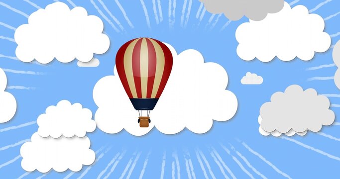 Floating red-and-cream hot air balloon drifting in bright blue sky, with layered cloud cutouts