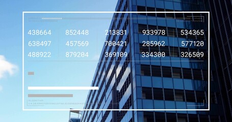 Naklejka premium Overlaying translucent HUD on louvered glass-metal high-rise at street-level, showing progress bars