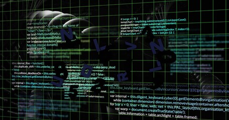 Streaming neon grid and overlaid code in cyberspace with cursor, helmet silhouette, navy 3D letters