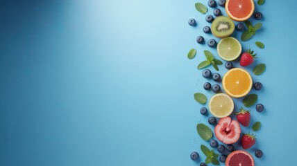 Diverse assortment of sliced citrus fruits, berries, and mint leaves on a blue background with copy space.