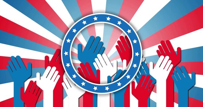 Showing centered badge framing red-white-blue hands on civic poster, blue-rimmed stars radial burst