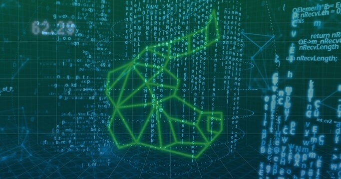 Floating green wireframe form hovering above dotted base, emitting code streams, 3D grid floor