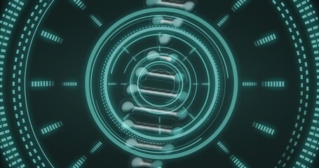 Rotating holographic interface showing concentric rings, reticles, radial tick marks in virtual HUD