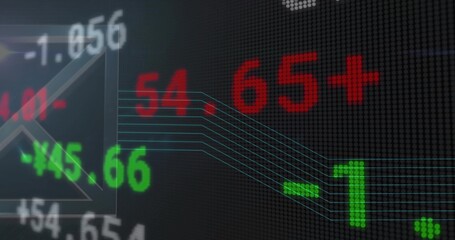 Displaying LED panel showing red 65+ and green -1 numerals on trading monitor, cyan lines overlay