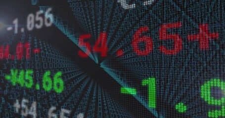 Fototapeta premium Pulsing central red and green readouts flowing through digital teal binary tunnel, diagonal band