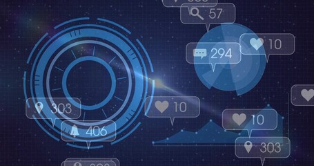 Fototapeta premium Displaying HUD on left of dashboard showing speech bubble numeric counters charts grid nebula glow