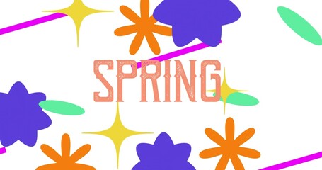 Showing SPRING text on white with purple and orange blooms green leaf yellow stars magenta stripes © vectorfusionart