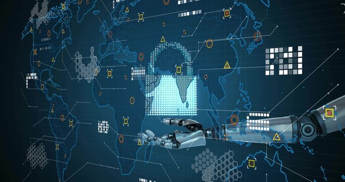 Reaching metallic robotic arm touching glowing padlock over blue world map, showing network nodes