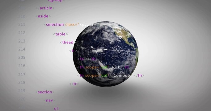 Floating realistic Earth globe hovering at neutral gray gradient backdrop, with HTML code overlay