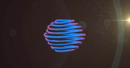 Floating 3D ribbon sphere rotating in digital studio void, with lens flare and bokeh