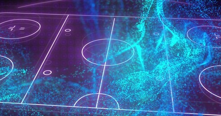 Displaying holographic sports pitch with turquoise particle stream in studio, dotted grid texture