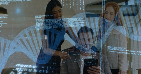 Reviewing team in suits around seated manager viewing handheld device with DNA overlay in office