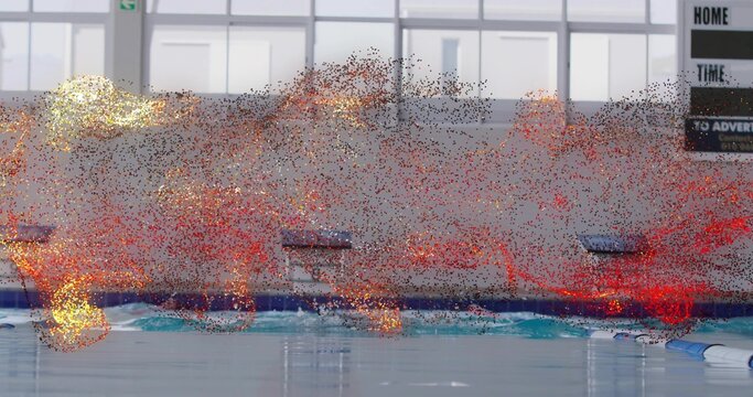 Showing competition pool with lane markings, starting blocks, lane ropes and red particle overlay