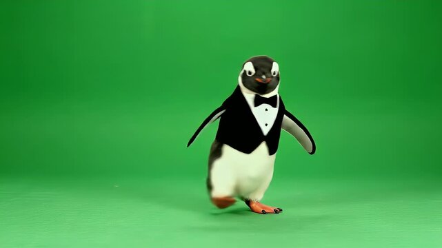 Tuxedo Penguin Walking And Waddling On Green Screen