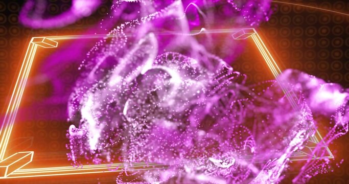 Swirling magenta particle cloud overlapping orange neon frame in virtual space, with light streaks