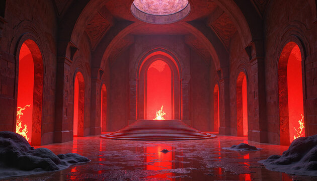 Red stone hall with fiery backdrop and abstract lighting  
