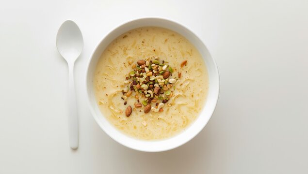 Vermicelli payasam topped with nuts, elegantly served in a white bowl with a spoon on a white backdrop