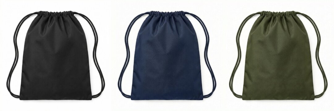 Three lightweight drawstring cinch bags displayed in black navy blue and olive green colors.