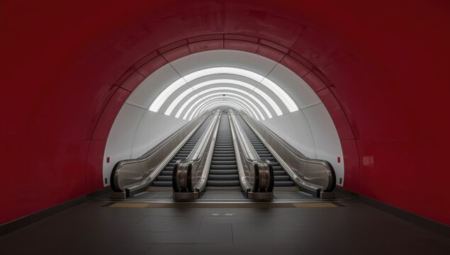 Subway station escalators. Entrance from hall with red walls into empty white tunnel with three moving staircases. Symmetric view of arch-shaped underground station escalator tunnel