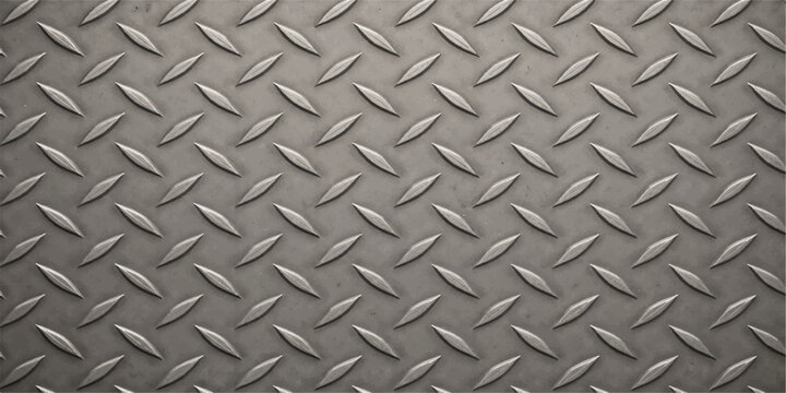 Seamless diamond plate metal texture features a shiny silver industrial steel pattern on a hard metallic aluminum sheet surface for construction and gray backdrop design