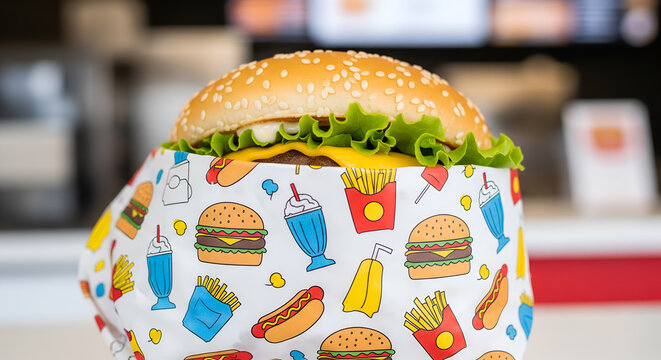Cheeseburger wrapped in colorful fast food pattern paper in a restaurant