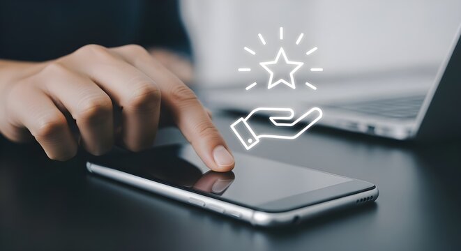 Close-up of a hand using a smartphone with a reward and loyalty icon, symbolizing point redemption, cashback offers, promo benefits, and digital membership programs.