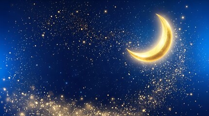 Fototapeta premium Glowing crescent moon in a starry night sky with sparkling gold glitter