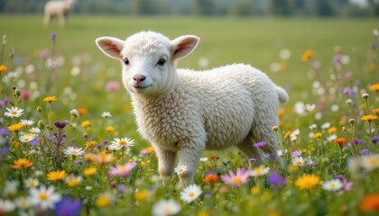 Obraz premium Cute Baby Lamb Standing Amidst Colorful Wildflowers in a Lush Meadow During Springtime