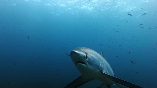 Pelagic Thresher Shark Swimming in Clear Blue Ocean Underwater