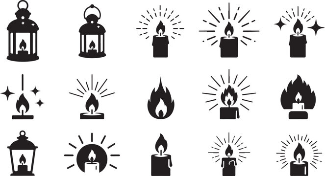 Black and white icons of lanterns and flames burning