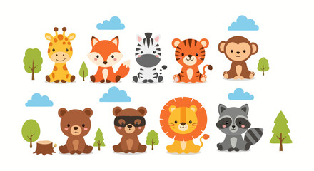 Fototapeta premium Cute cartoon baby animals collection for kids.