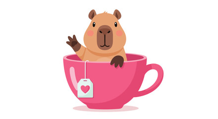 Cute Capybara Waving From Inside a Pink Teacup. © Pasni