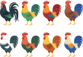 farm rooster and cockerel vector set featuring various colorful poultry breeds for organic agriculture and rustic design, © Md