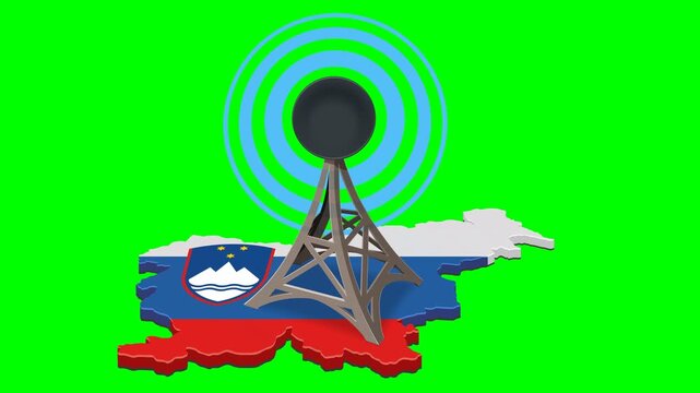 Digital communication and radio broadcasting across Slovenia map. Network signal transmission concept. Chroma key green screen with alpha channel. (loopable)