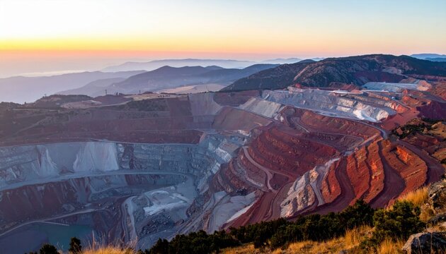 An enormous open-pit mine sprawls across a rugged mountainous landscape at dawn, revealing its massive scale and intricate geological strata under a vibrant sky, symbolizing resource extraction.