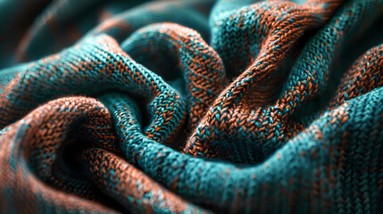 Macro Texture of Fine Knitted Fabric in Teal and Copper Folds