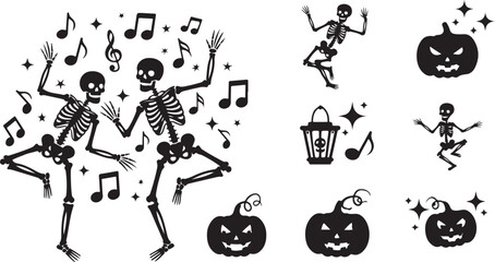 Obraz premium Halloween skeletons dancing with music notes and pumpkins icons