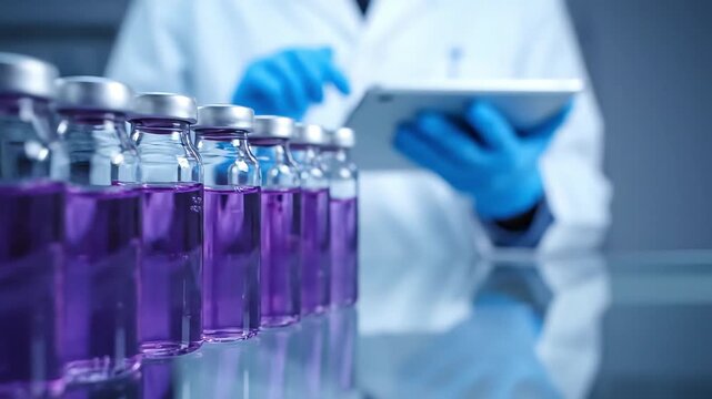 Scientist in lab coat and blue gloves examining data on a tablet with a row of purple liquid filled vials in the foreground.