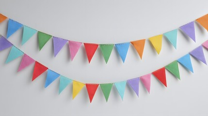 Obraz premium Colorful Triangle Bunting Flags Hanging on a White Wall.