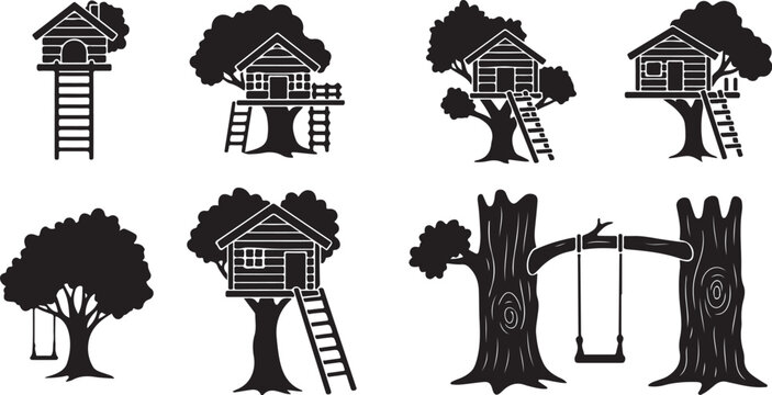 Treehouse and tree silhouettes with swings and ladders illustration