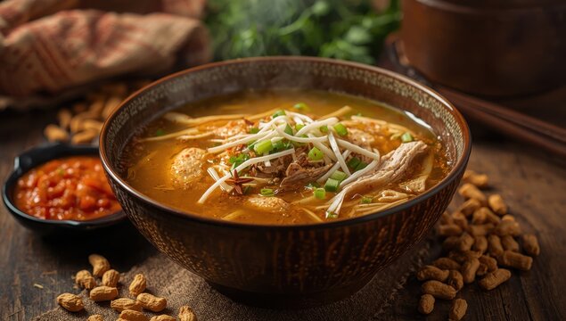 Soto Pacitan is an Indonesian soup made with spiced broth, served with rice or vermicelli, vegetables, chicken, sambal, and peanuts